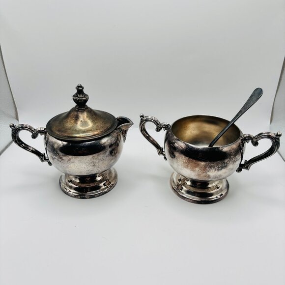 Vintage WM Rogers Silverplate Creamer Sugar Set Lid Spoon Ornate Handles Tarnish - Picture 1 of 11